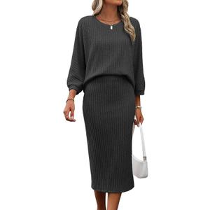 HBQ Women's 2 Piece Sweater Skirt Sets Ribbed Knit Loose Lantern Sleeve Top Midi Skirt Outfit Casual Loungewear Sets-Dark Grey-M