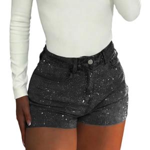 Rhinestone Jean Shorts Sparkly High Waisted Denim Short Stretchy Summer Y2K (Black, L)