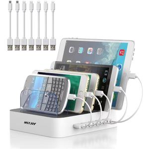 MSTJRY Charging Station for Multiple Devices : 5 Port Multi USB-A Charger Stations Multi-Device Organizer Charging Dock Designed for iPhone iPad Cell Phone Tablets (7 Short Cables Included) (White)