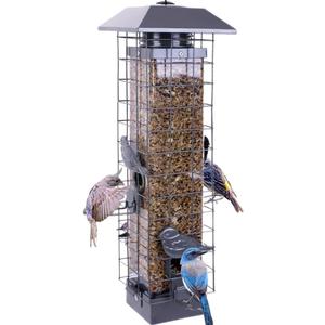 Squirrel Proof Bird Feeders for Outdoors, Metal Wild Bird Feeder for Outside Hanging, 4 Ports Perches, 3LB Large Capacity(Gray)