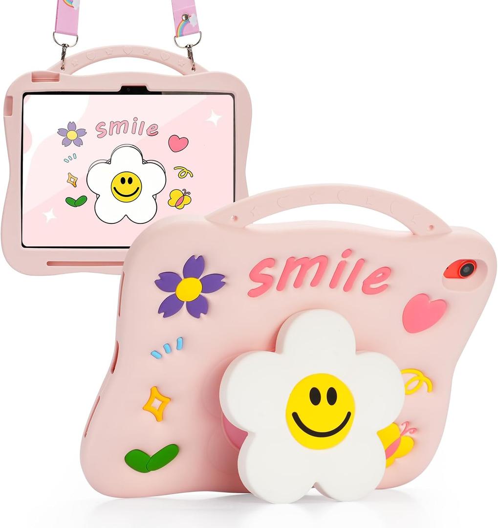 Kids Case for iPad A16 11th Generation 11 inch 2025,10th Generation 10.9 2022, 3D Cute Silicone Cover with Sunflower Kickstand, Adjustable Shoulder Strap & Pencil Holder for Girls -Pink