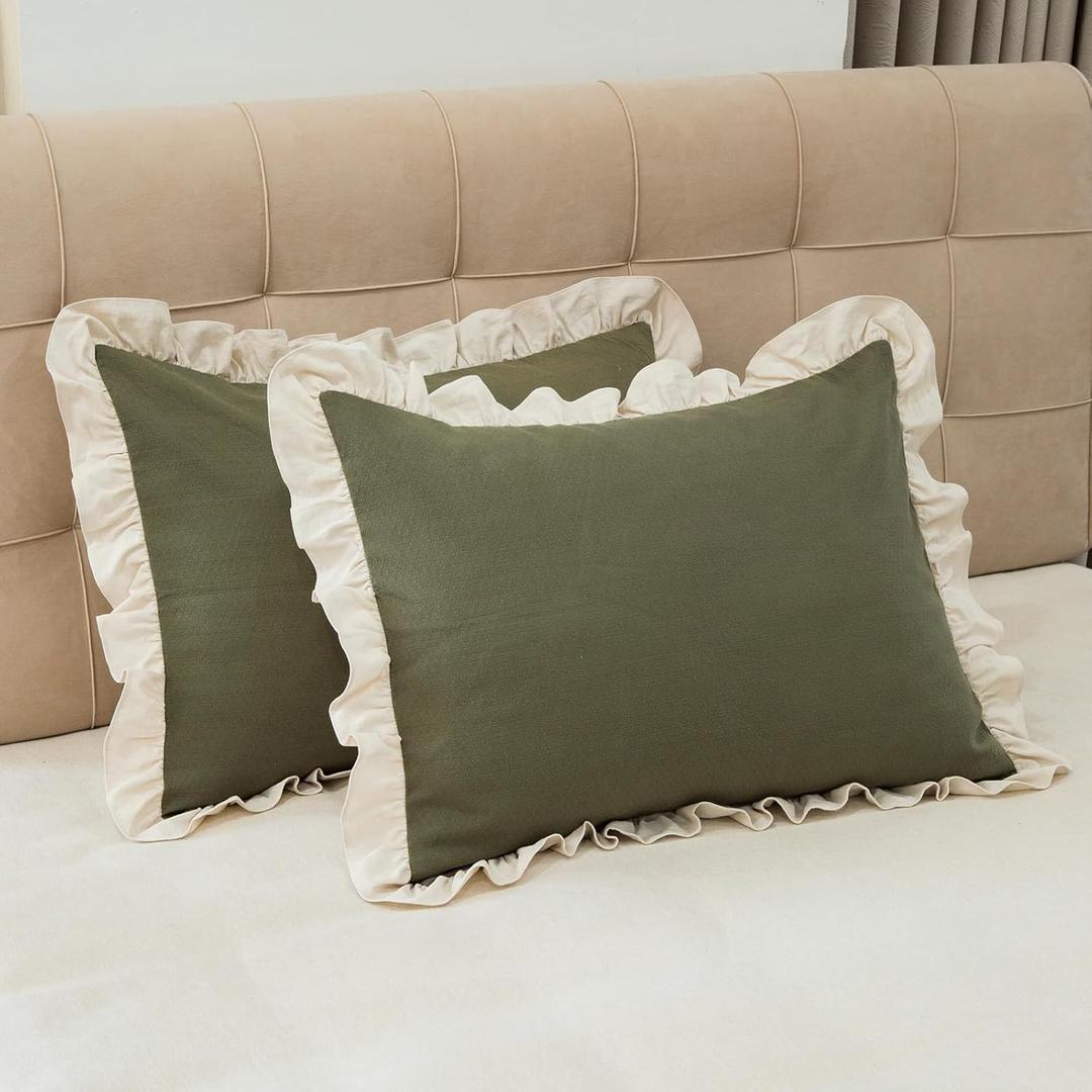 Pillow Shams Set of 2 Pure Cotton Champray Ruffled Edge,Thick and Solid Washed Dobby Heavy Fabric (Standard 20x26 inches) (Olive Green)