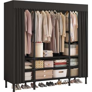 Portable Closet with Cover 55.1"x17.7"x65.7" Wardrobe Closet Black | Portable Closet for Hanging Clothes, Fabric Cover and Hanging Rod, Portable Wardrobe Storage for Bedroom or Dorm Use