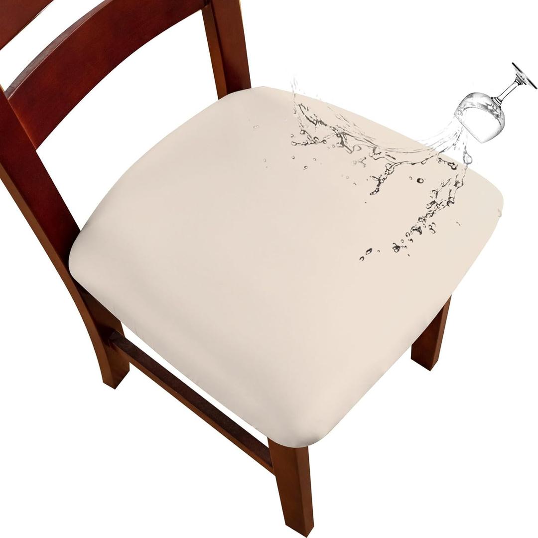 Genina Waterproof Polyester Blend Seat Covers for Dining Chairs,Chair Seat Covers Set of 4, Stretchable Dining Room Chair Seat Covers for Chair Protector Slipcover for Kitchen (Creamy Beige)