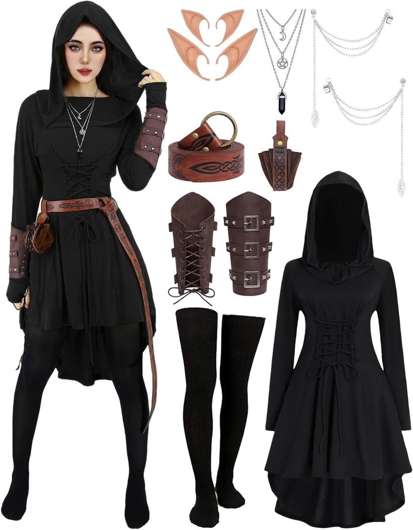 9 Pcs Women Renaissance Dress with Hood Adult Medieval Fairy Elf Costume Archer Cosplay Outfit Halloween Costumes (Medium, Black)