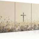 QKYKISS 3Pcs Jesus Wall Art Nature Wildflowers Cross Canvas Poster Religious Pastoral Scenery Picture Rustic Meadow Mural Country Flowers Art Print Living Room Bedroom Office wooden frame16x24in