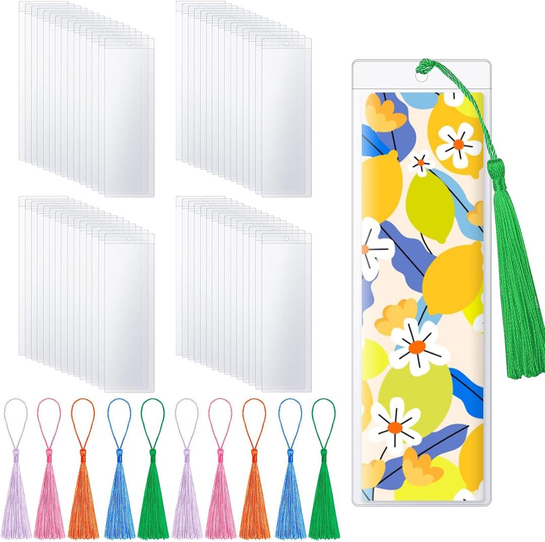 50 Pieces Bookmark Sleeves with 50 Pieces Bookmarks Tassels 7.22.3 Inches Plastic Bookmark Sleeves for Bookmarks Photos Markers