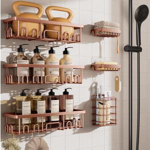 Veken Shower Caddy 6-Pack, No Drilling & Rustproof, Waterproof Adhesive Shelves Rack with Soap Holder, Large Capacity Bathroom Organizers and Storage, Wall-Mounted Kitchen & Home Decor, Rose Gold