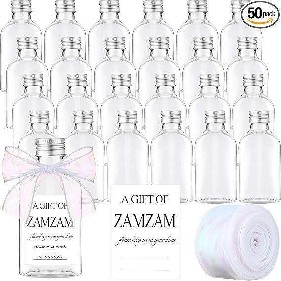 50 Sets Islamic Wedding Favor Zamzam Water Bottle Muslim Wedding Prayer Favor for Guest with Thank You Card and Ribbon for Islamic Nikkah Walima Gift Muslim Marriage Gift (120 ml, Modern)