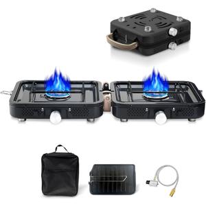 2 Burner Propane Stove with Grill, 18,000 BTU, Portable Camping Stove, Foldable Camp Stove, Gas Stove with 2 Adjustable Burners, Piezo Ignition & Easy Carrying Handle (Black)