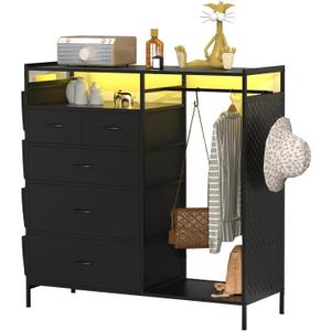 5-Drawer Wardrobe Dresser for Bedroom with Clothes Rack & Side Pockets, Wood Top Organizer with Charging Station & LED Lights, Sturdy Steel Frame  Ideal for Nursery, Closet, Hallway Storage (Black)