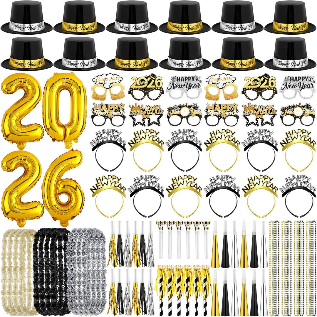 Aneco 97 PCS New Year's Eve Party Kit for 12 Guests Happy New Year Party Supplies Set with Hats Headbands Noisemakers Horns Glasses Bead Necklaces Garlands 2026 Foil Balloon for New Year Decoration