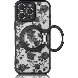 Magnetic Stand Case for iPhone 14 Pro Max [360 Rotatable Kickstand] [Compatible with MagSafe] Black Rose Design with Ring Holder Case for Women Girls, Translucent Matte Slim Phone Cover