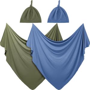 JaGely 2 Pack Baby Newborn Swaddle Blanket and Hat Set 47" x 47" Large Stretchy Receiving Blankets Set for Newborn Baby(Blue, Army Green)