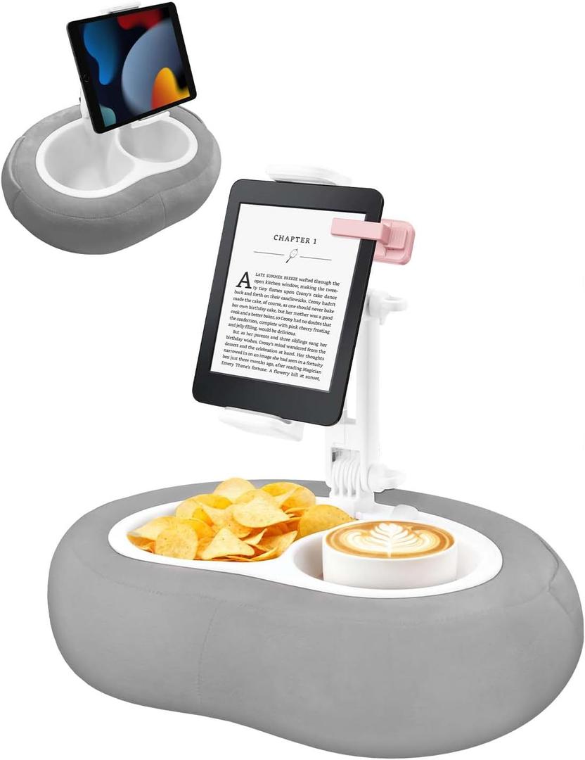 Tablet Pillow Stand, Compatible with 4.7"-12.9" Kindle, iPad, Phone/Tablet, Google, 360 Rotating Phone Holder for Bed, Detachable Bowl, Reading and Relaxation on Bed, Gray, Small (Velvet Pillow)