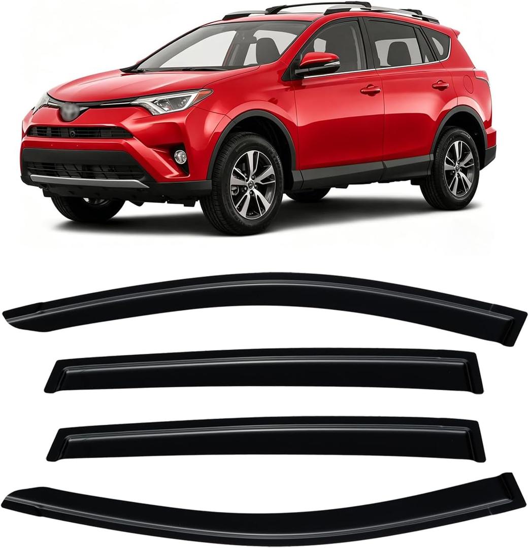 Rain Guards for 2013-2018 Toyota Rav4, Out-Channel Window Visor Shields Vent Deflector Shade Wind Dark Smoke 2014 2015 2016 2017 13 14 15 16 17 18, Tape-On Outside-Mount, 4PCS