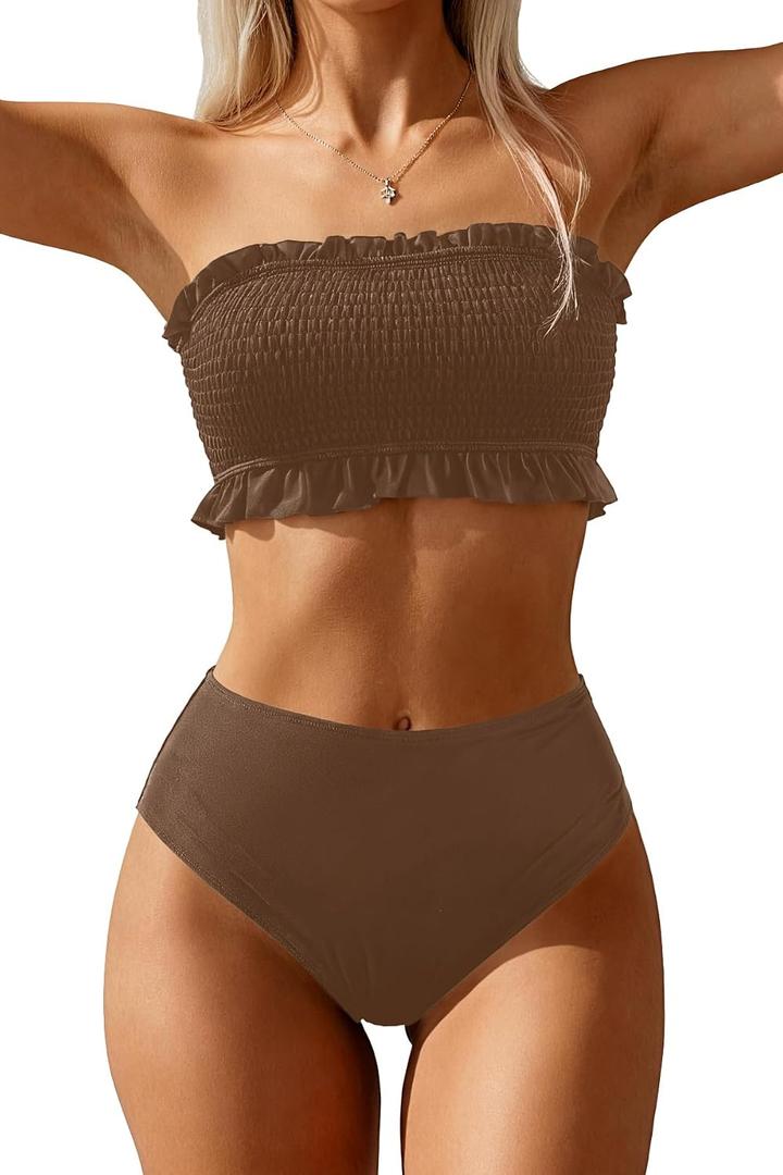 Tempt Me Women Bandeau High Waisted Bikini Sets Smocked Swimsuit Strapless Two Piece Bathing Suit (M,Brown)