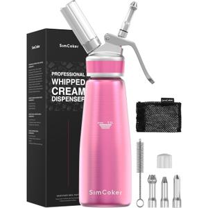 Whipped Cream Dispenser,Aluminum Cream Whipper 500mL/1 Pint,3 Decorating Nozzles,1 Brush, 1 Storage Bag,Homemade Whipped Cream Maker, Pink