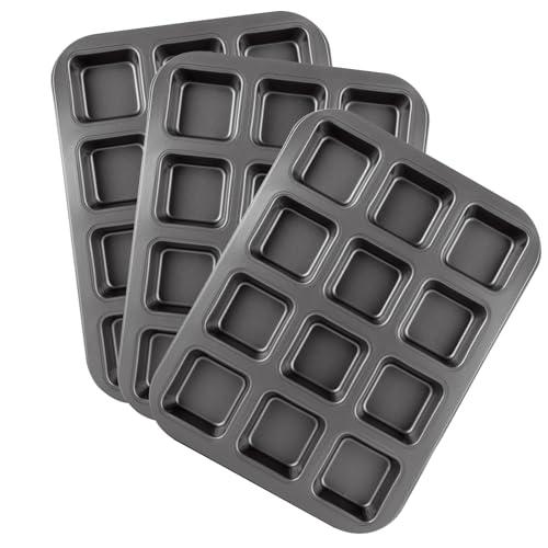 MUXHEL 3 Pcs 12-Cavity Brownie Pan with Dividers, 14" × 10.5" × 1.2" Non-Stick All Edges Cupcake Pan, Black Carbon Steel Square Muffin Pan for Oven Baking