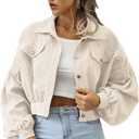 Qiaomai Womens Cropped Corduroy Jacket Loose Button Down Puff Sleeve Shacket Coat (Medium, Beige)