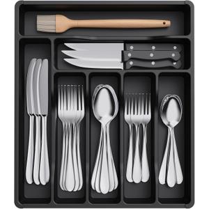 Lifewit Silverware Drawer Organizer Tray, Plastic Cutlery Storage for Kitchen Drawer, Flatware and Utensil Holder Divider for Spoons Forks Knives Tableware, 7 Compartment, Black (12.3*14.2*1.8 inch (7 Slots))