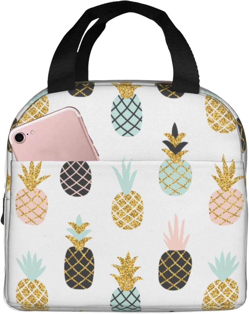 Cute Pineapple Stylish Glitter Lunch Bag For Women Girls Insulated Lunch Box Reusable Lunchbox Waterproof Portable Lunch Tote (One Size)