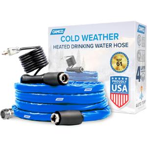 Camco 12-Ft Heated Water Hose for RV - Water Line Freeze Protection Down to -20F/-28C - Features Energy-Saving Thermostat & Includes Adapter for Connection to Either End of Hose (22910)