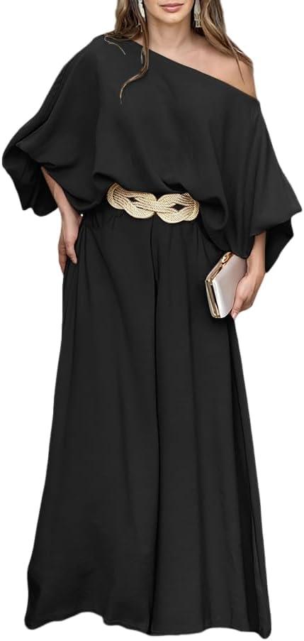 CHICME Women Summer 2 Piece Outfits Off Shoulder Top Flowy Wide Leg Pants Set Vacation Travel Airport Outfits (Black, S)