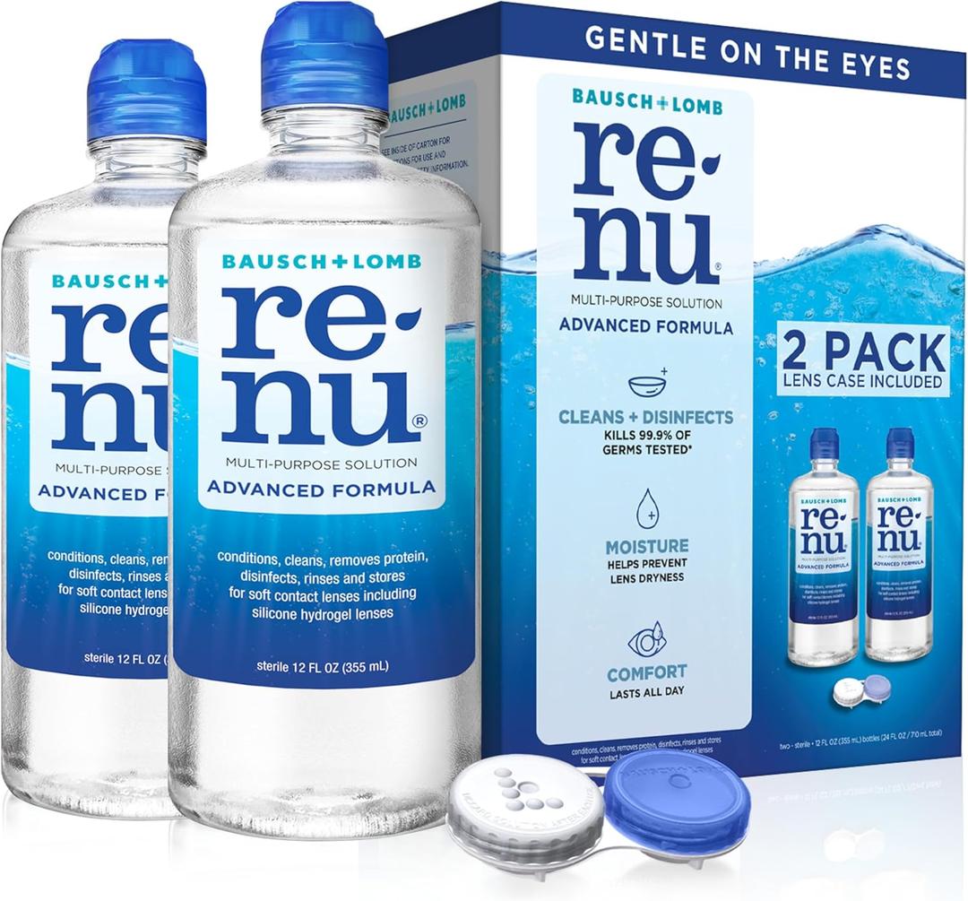 Renu Contact Lens Solution, Advanced Formula, Multi-Purpose Solution with Lens Case, Gently Cleans, Disinfects, Moisturizes & Hydrates Soft Lenses for All-Day Comfort, 12 Fl Oz (Pack of 2)