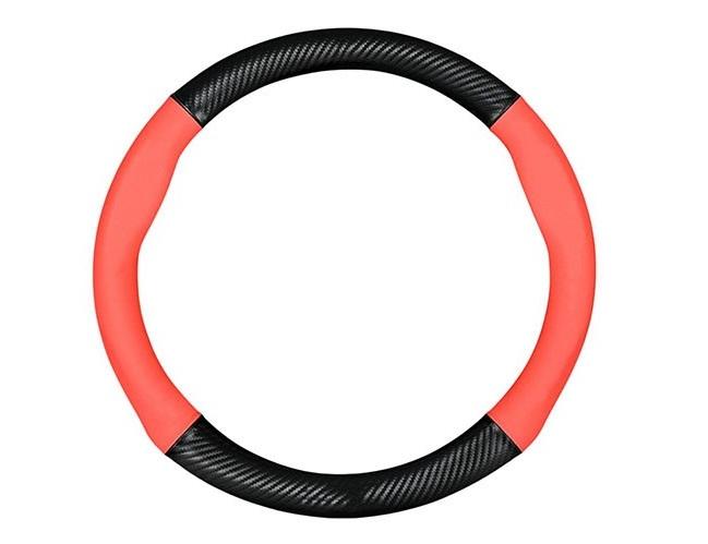 Steering Wheel Cover Compatible with Le, Premium Napaa Leather&Carbon Fiber Texture Steering Wheel Cover, with 2 Universal Coasters and USB Fast Charging Cable (Black, Red)