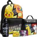 Pokemon Backpack Set 4 Pcs for Kids with Backpack Water Bottle Pencil Case and Insulated Lunch Bag or Wallet Anime School Supplies Gifts for Kids (Black/Yellow 4 Pcs Set)