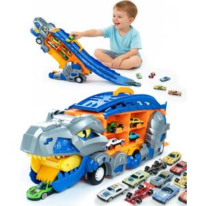 Cozycharm 13 in 1 Dinosaur Toys for Kids 3-6, Carrier Truck Race Track Toddlers Toys, Foldable Track Playset,Dinosaur Truck with 12 Die-Cast Racing Car Toys, Xmas Gifts for Boys Girls (Blue)