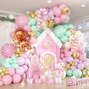 Christmas Balloon Garland Kit, Gingerbread Man Balloon Arch with Pastel Green Pink Purple Metallic Balloons Candy Cane Foil balloons for Christmas Party Decorations New Year Xmas Party Supplies