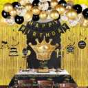 Black and Gold Birthday Decorations for Men Women, Black and Gold Party Decorations Include Crown Hanging Swirls Sach Tablecloth Cake Toppers Banner for Gold and Black Birthday Decorations for Dad