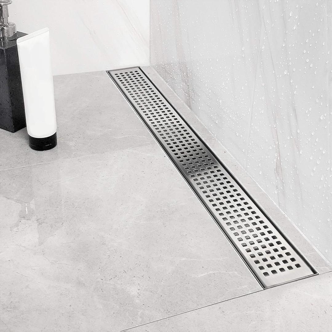 Neodrain 48-Inch Linear Shower Drain with Removable Quadrato Pattern Grate,Brushed 304 Stainless Steel Rectangle Shower Floor Drainr, Linear Drain with Leveling Feet,Hair Strainer