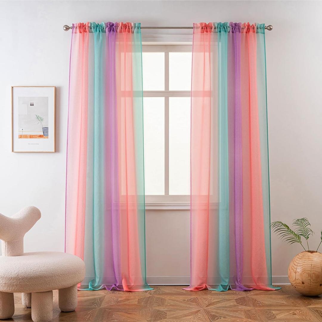 Yancorp Sheer Curtain 2 Panels Semi Bedroom Curtains 96 inches Length Linen Ombre Curtains Rod Pocket Drapes Girls Living Room Mermaid Bedroom Nursery Kids Window Decor(Green Pink Purple, 52"x96")