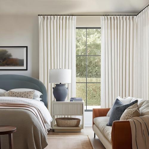 TWODRAPES Pinch Pleated Extra Wide Curtain Panels 96 Inches Long 70 Wide Linen Curtain for Patio Sliding Glass Door Semi Sheer Cream Hooks Rings Privacy 96 Inch Length for Living Room 70x96 1 Panel