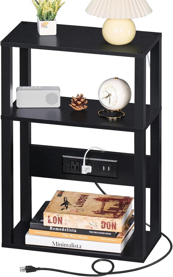 3-Tier Small Narrow Wood Side Table with Charging Station, Skinny Nightstand for Small Space, Slim Bedside Table with Storage for Couch, Thin End Table with USB Ports and Outlets, Black (1 Pack)
