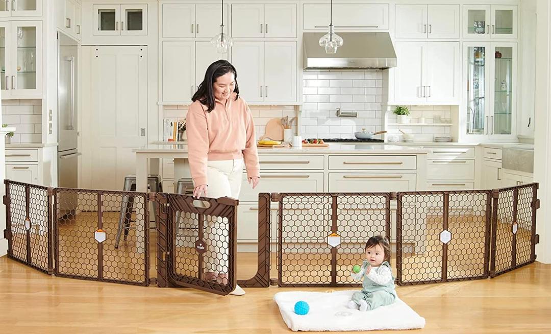 Regalo Safety 192 Super Wide 2-in-1 Baby Gate & Play Yard with Door, Adjustable 6-Panel Plastic Safety Gate for Doorways & Large Openings, Hardware Mounted Baby & Pet Gate, Brown