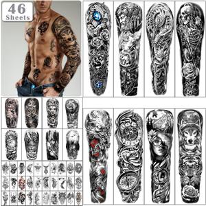 46 sheets Full Arm Skull Temporary Tattoos For Men Half Arm Shoulder Angel Tattoo for Ladies Fake Waterproof Wolf Lion Stone Tattoo Stickers For Adult or Kids (Black)