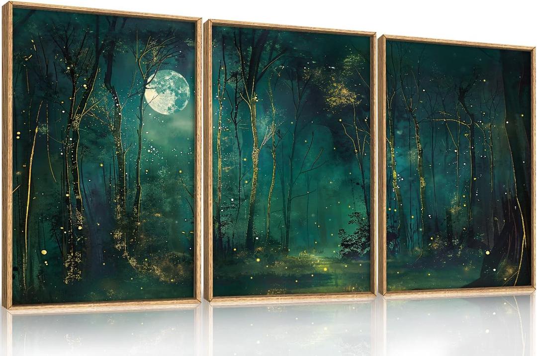 Large Vintage Moon and Star Forest Framed Canvas Wall Art,Mystical Night Sky Scenery Wall Decor,Moody Tree Landscape Artwork,Magical Midnight Art Print for Living Room,Bedroom,Office- 16"x24"x3