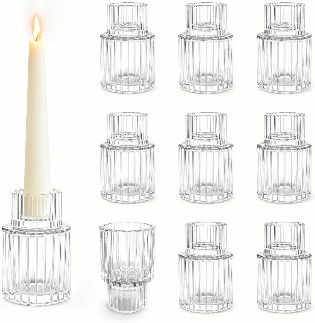 Glass Taper Candle Holders: 10 Pcs Small Candlestick Holders Bulk for Wedding Clear Fluted Candle Sticks Holder Decor for Table Centerpiece Dining Room Baby Shower Christmas Party Home