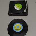 Funny Retro Record Coasters for Drinks with Vinyl Player Holder - Set of 6 Coaster White Elephant Gifts for Music Lovers, Conversation Piece Sayings,Housewarming Hostess Wedding Registry Gift Ideas