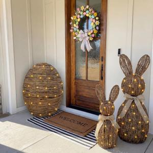 Estune 3 Pcs Rattan Woven Easter Bunny Decor with LED Light Strings, 28" 20" 19" Spring Rabbit Eggs Light up Easter Garden Decoration for Rustic Farmhouse Outdoor, Non-Connecting Structure Cable Ties