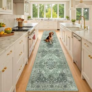 RELEANY Area Rugs 3'x10' Runner Rug Non Slip Washable for Kitchen Hallway Bedroom Beside Laundry Room Bathroom Rug, Floor Carpet, Dark Green Gray