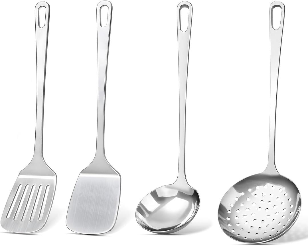4 Pcs Cooking Utensils Set, Stainless Steel Kitchen Utensils, Heat Resistant Metal Kitchen Tools Include Solid & Slotted Turner Wok Spatula, Serving Spoon, Ergonomic Handle, Easy to Clean, Silver (B. 4 Pieces)