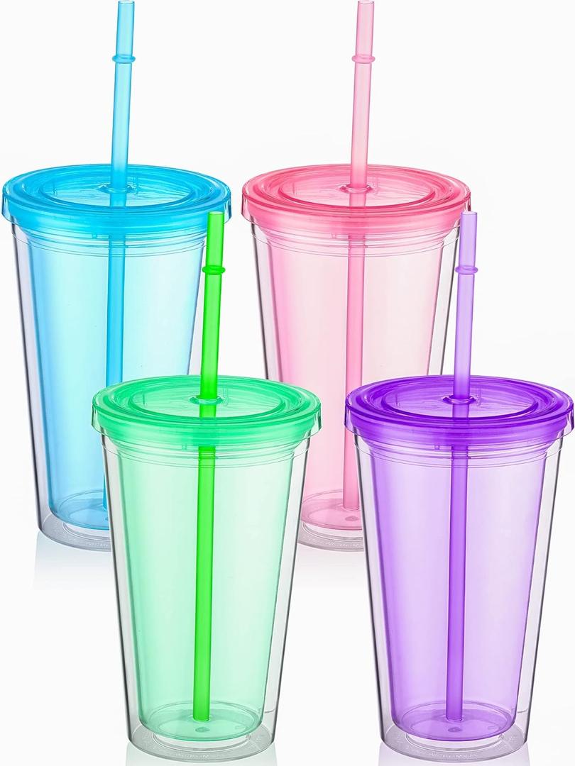 Nuogo 4 Pieces Insulated Double Wall Plastic Tumbler with Lids and Straws Reusable Transparent Plastic Cup 16 oz Tumbler Bulk for Coffee Drinks Milk Tea Juice, Pink, Blue, Green, Purple