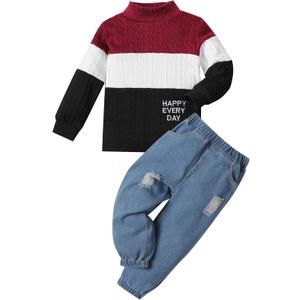 Boy Clothes Color Block Sweater Jeans Boys Outifts Set (3-4T, Red)