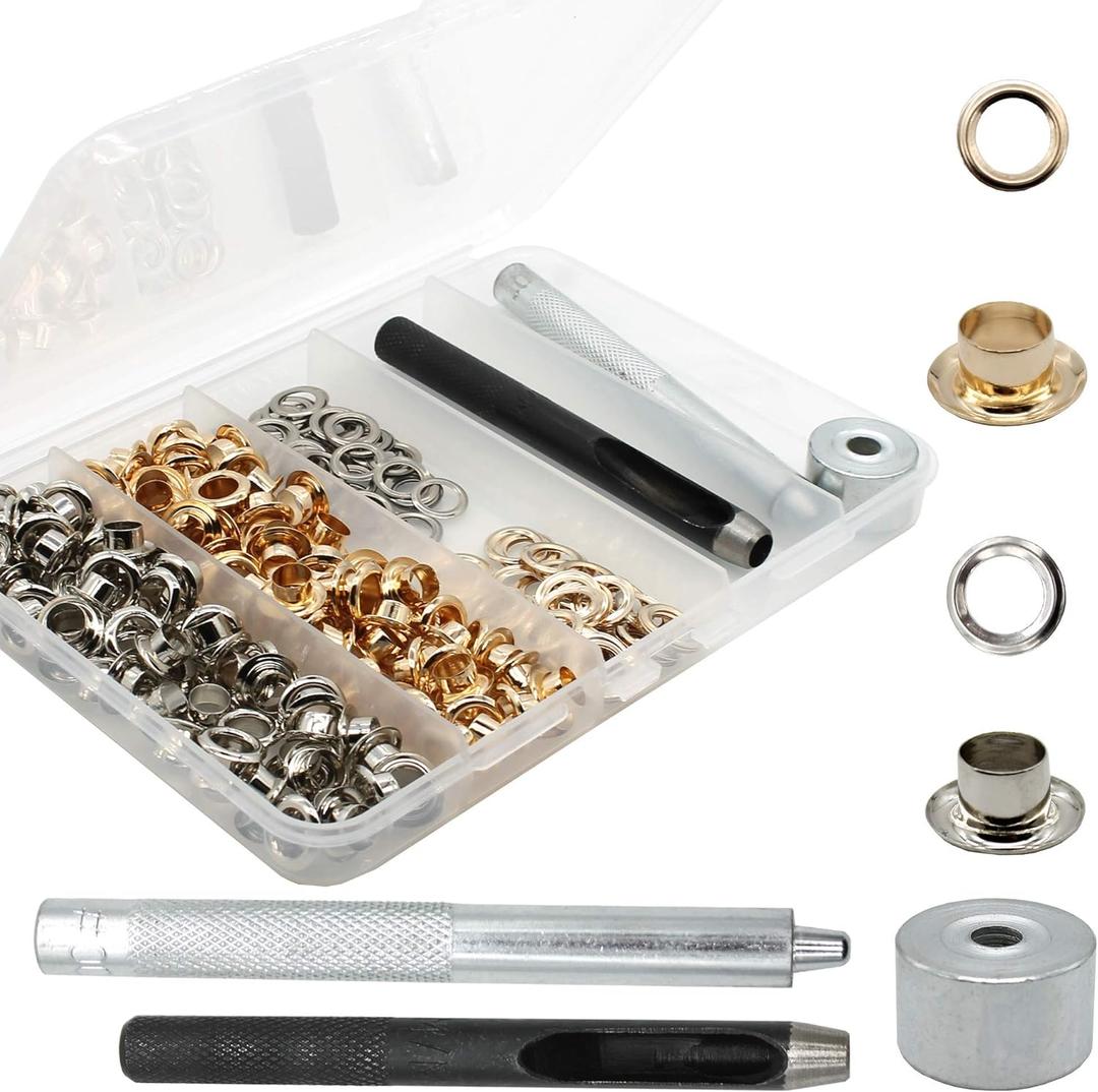 Raydodo 140 Sets Reinforced Grommet Kit, 1/4 Inch Metal Brass Eyelet Kit with 3 Pieces Grommet Tool Boot Eyelet Repair Kit and Grommets for Fabric, Tarps, Leather, Belt with Storage Box