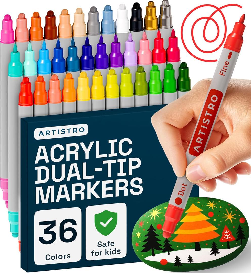 ARTISTRO 36 Acrylic Paint Markers for Rock, Fabric, Wood, Glass, Craft, Decoration - Dual-Tip Paint Pens - Stocking Stuffers, Christmas Gift Idea for Teens, Grandkids, Kids - Art Supplies